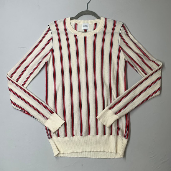 MADELEINE THOMPSON Sweaters - Madelein Thompson Women Sweater L Cream Red Stripe Cashmere Silk Crewneck